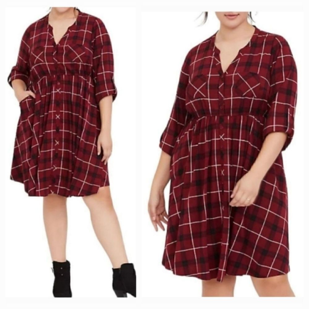 Torrid Red & Black Plaid Knee Length Button Down Shirt Dress size 2 or 2X